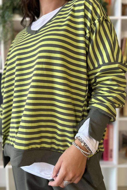 The Sunday Morning Stripe V Slouch Sweatshirt Pear Khaki